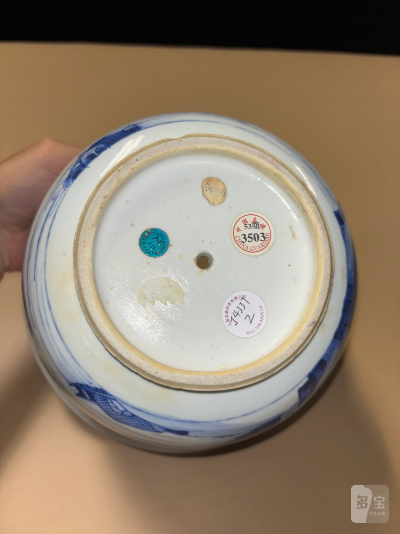 清康熙 青花山水人物纹花盆 - 图8